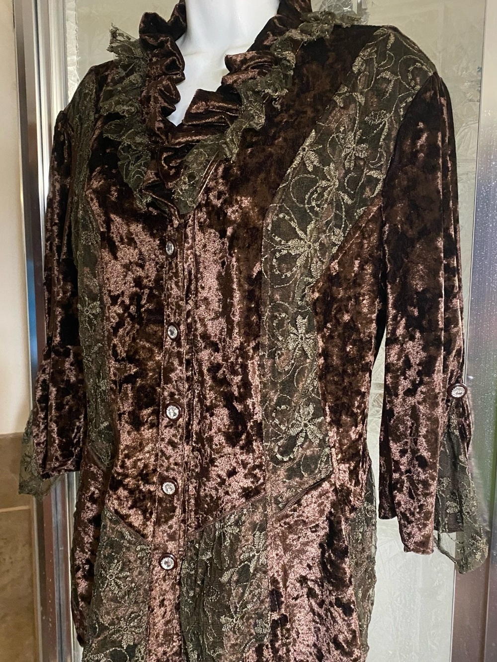 Pretty Angel Brown Velvet Button-Front Jacket with Lace Insets L